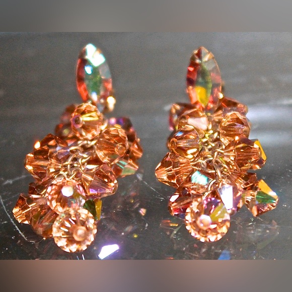 LEWIS SEGAL OF CALIFORNIA EARRINGS CLIP DANGLE GOLD AURORA BOREALIS VINTAGE - Picture 10 of 11